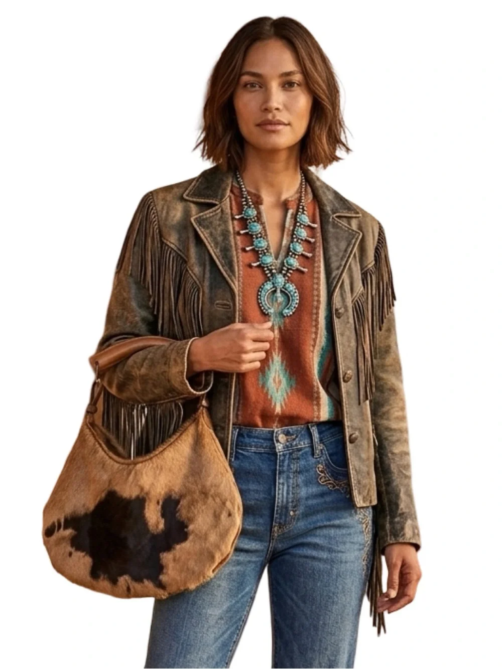 Acid Washed Cowhide Hobo with Wooden Horn Handle